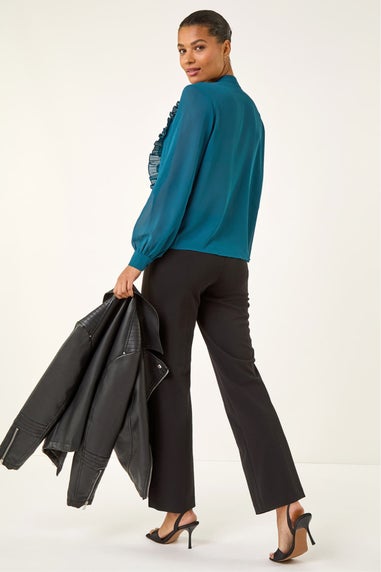 Roman Teal Ruffle Front V-Neck Blouse