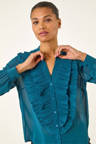 Roman Teal Ruffle Front V-Neck Blouse