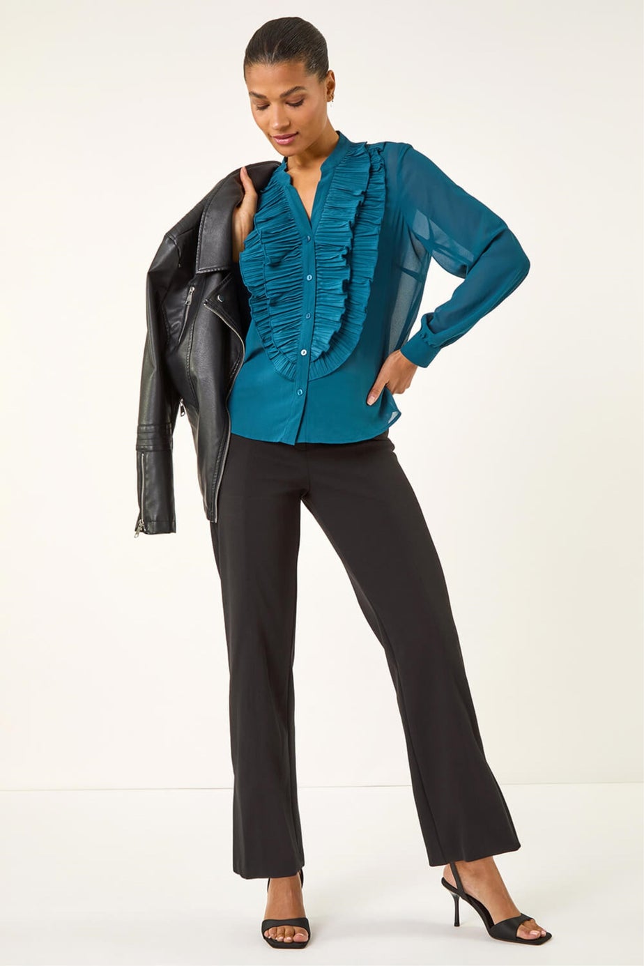 Roman Teal Ruffle Front V-Neck Blouse