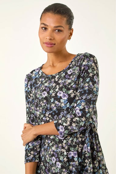 Roman Purple Floral Print Asymmetric Stretch Top