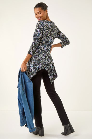 Roman Purple Floral Print Asymmetric Stretch Top
