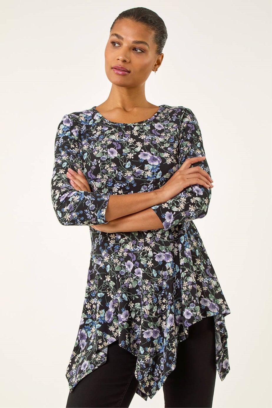 Roman Purple Floral Print Asymmetric Stretch Top
