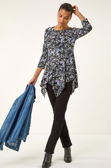 Roman Purple Floral Print Asymmetric Stretch Top