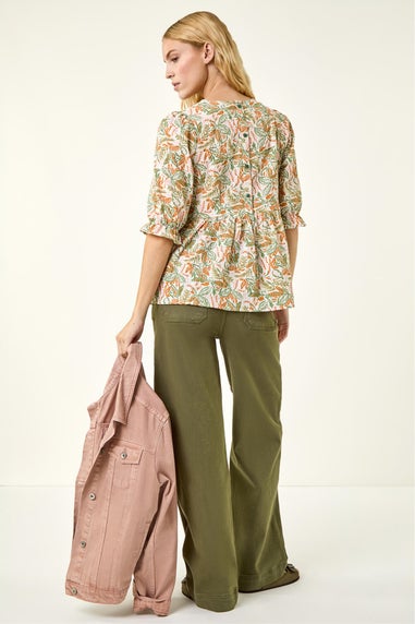 Roman Green Leaf Print Textured Stretch Top