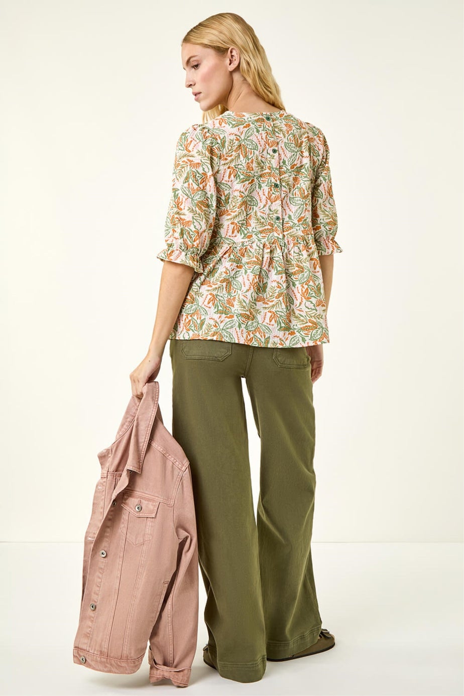 Roman Green Leaf Print Textured Stretch Top