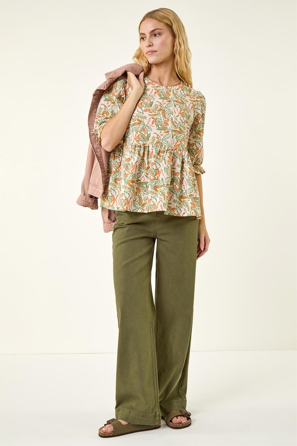 Roman Green Leaf Print Textured Stretch Top