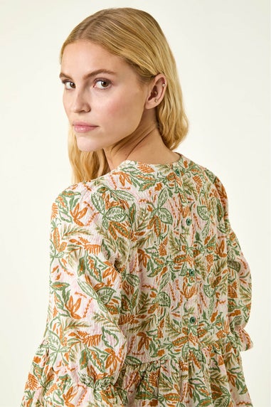 Roman Green Leaf Print Textured Stretch Top