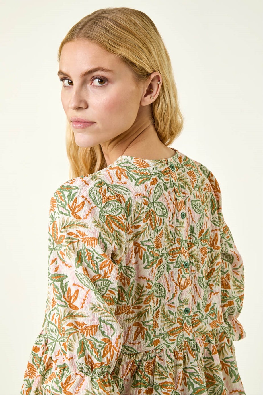 Roman Green Leaf Print Textured Stretch Top
