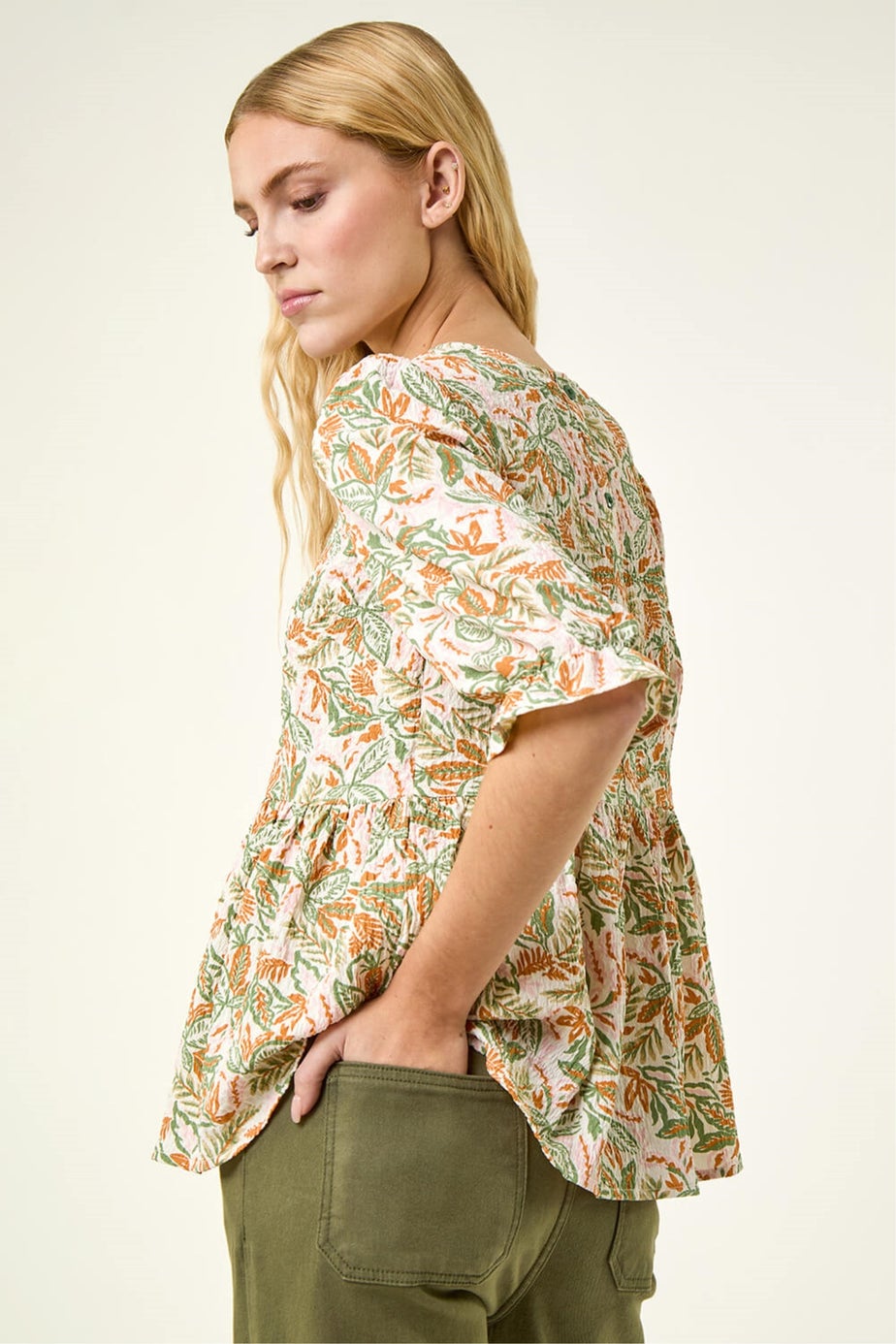 Roman Green Leaf Print Textured Stretch Top