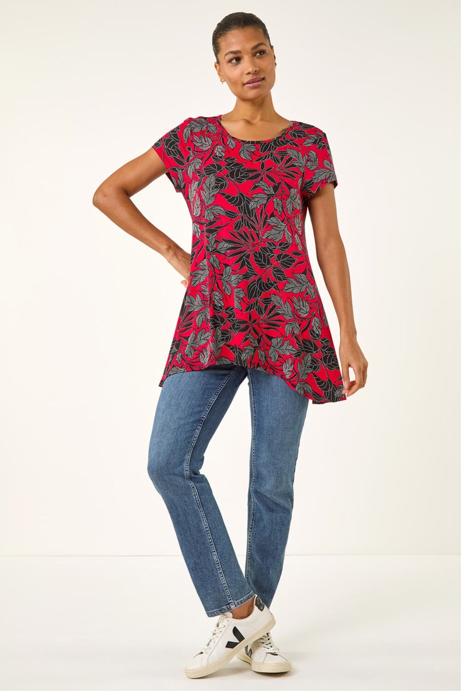 Roman Red Floral Print Hanky Hem Top