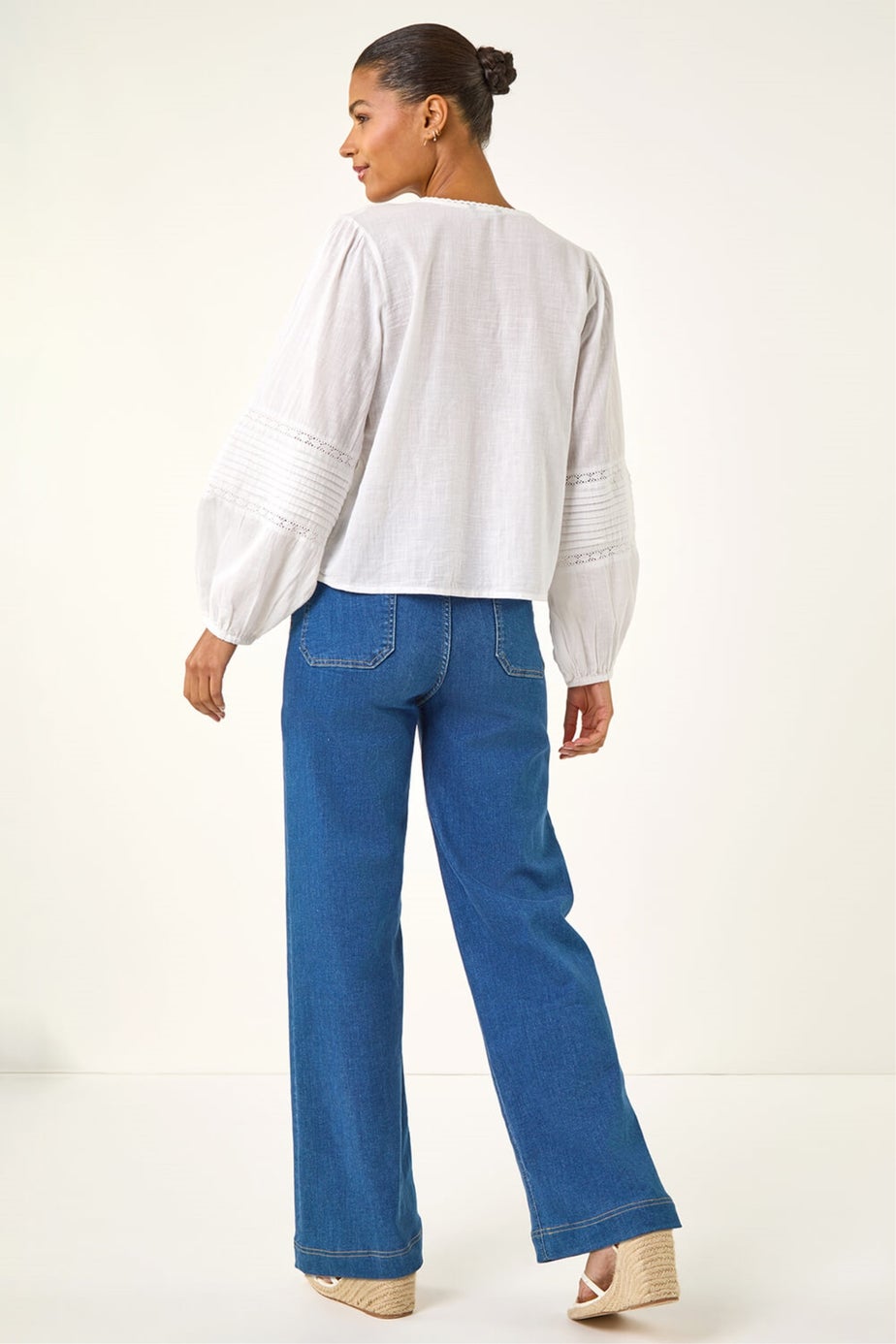 Roman Ivory Pleated V-Neck Cotton Blouse