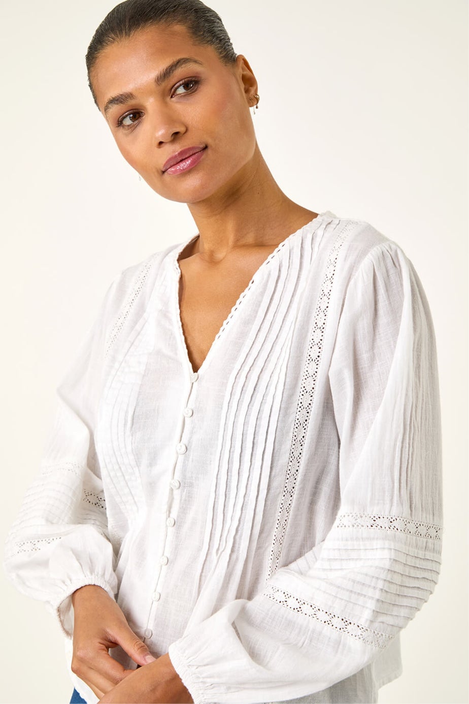 Roman Ivory Pleated V-Neck Cotton Blouse