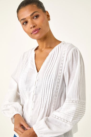 Roman Ivory Pleated V-Neck Cotton Blouse