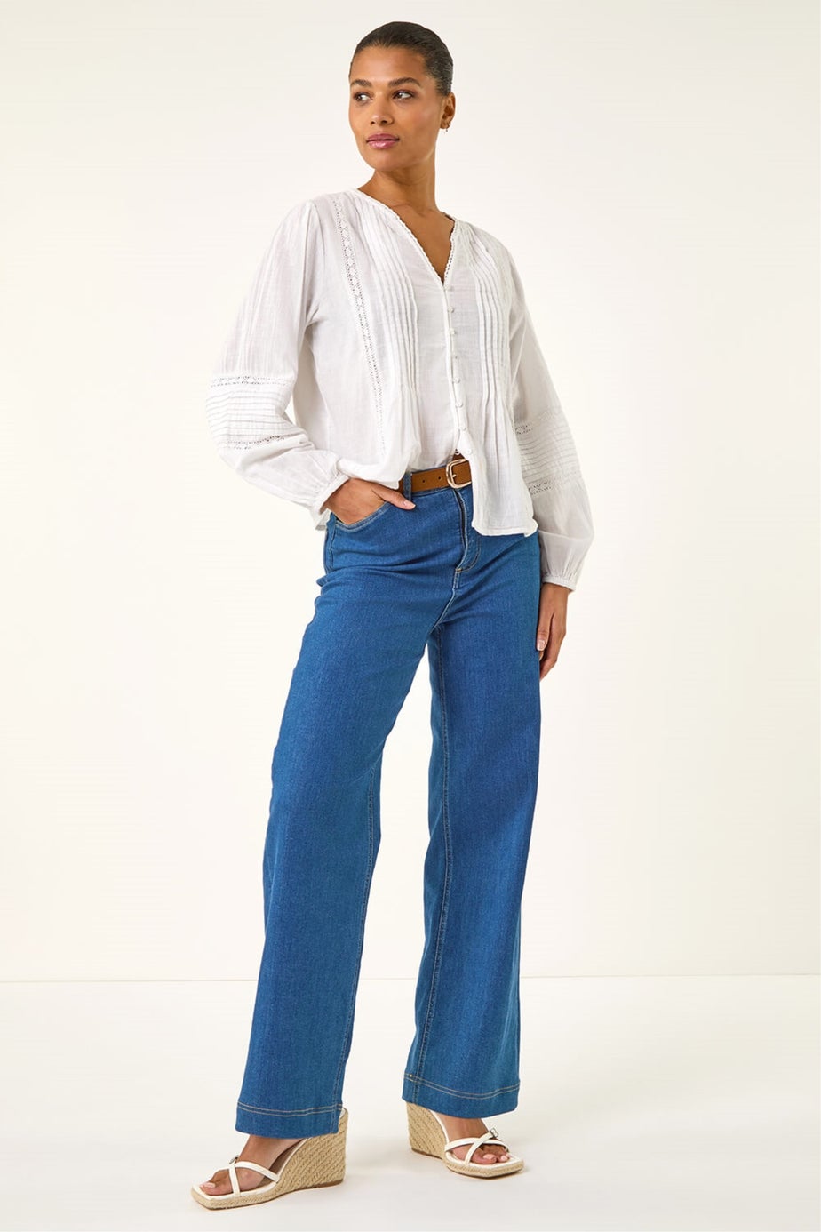 Roman Ivory Pleated V-Neck Cotton Blouse