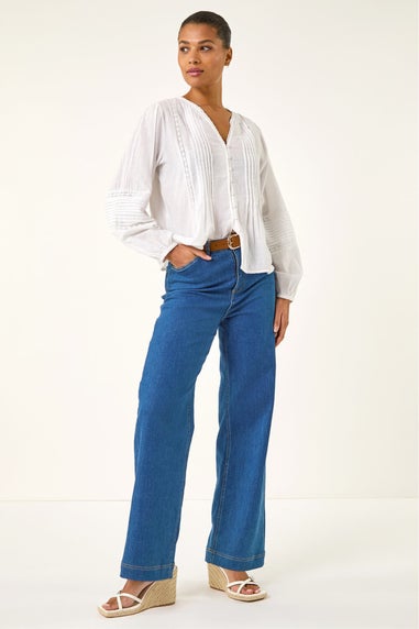 Roman Ivory Pleated V-Neck Cotton Blouse