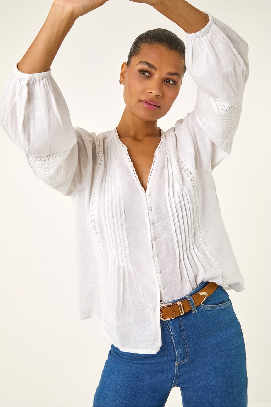 Roman Ivory Pleated V-Neck Cotton Blouse