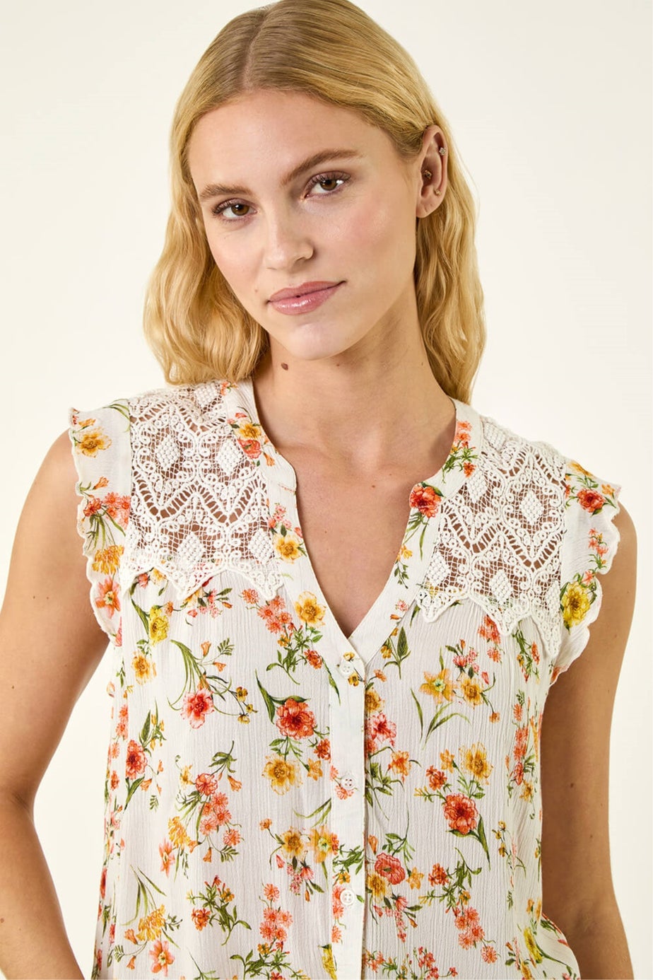 Roman Yellow Floral Lace Sleeveless Blouse