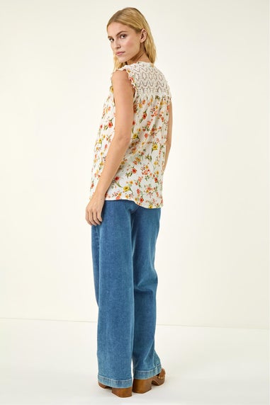 Roman Yellow Floral Lace Sleeveless Blouse