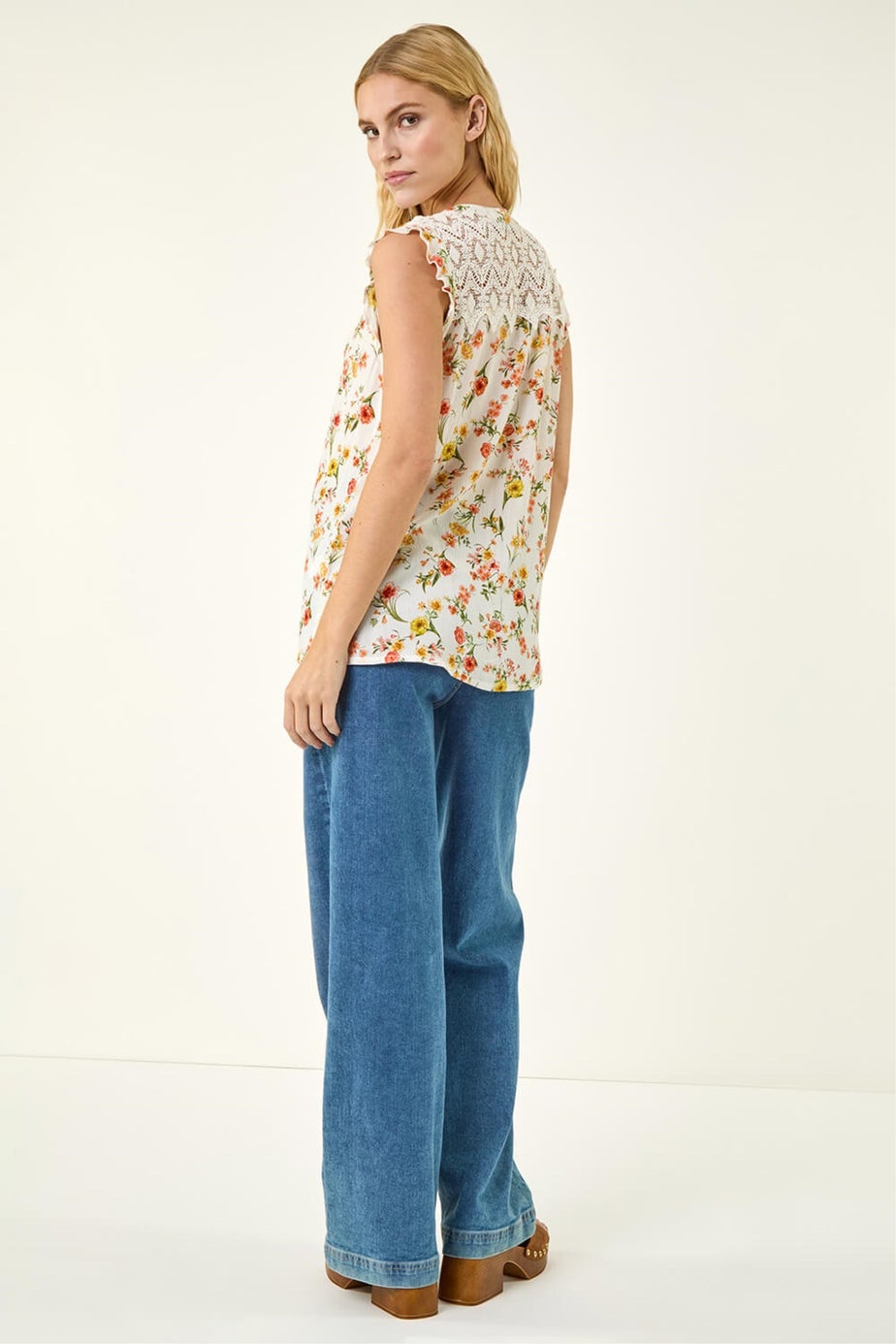 Roman Yellow Floral Lace Sleeveless Blouse