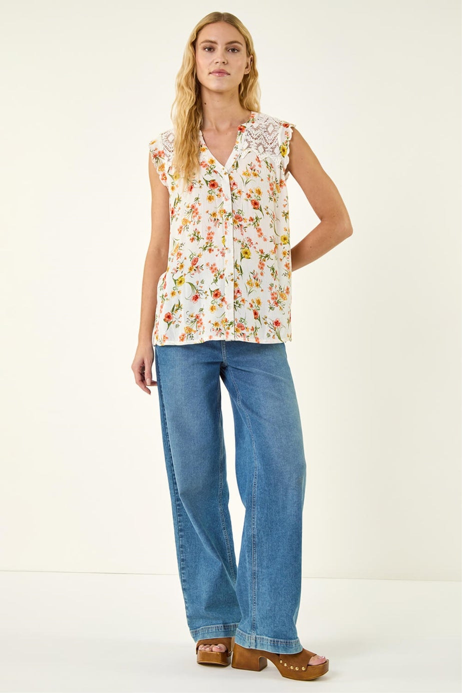 Roman Yellow Floral Lace Sleeveless Blouse