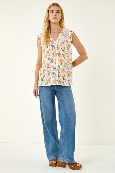 Roman Yellow Floral Lace Sleeveless Blouse