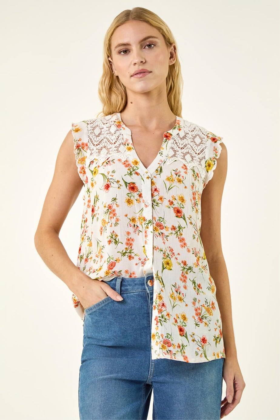 Roman Yellow Floral Lace Sleeveless Blouse