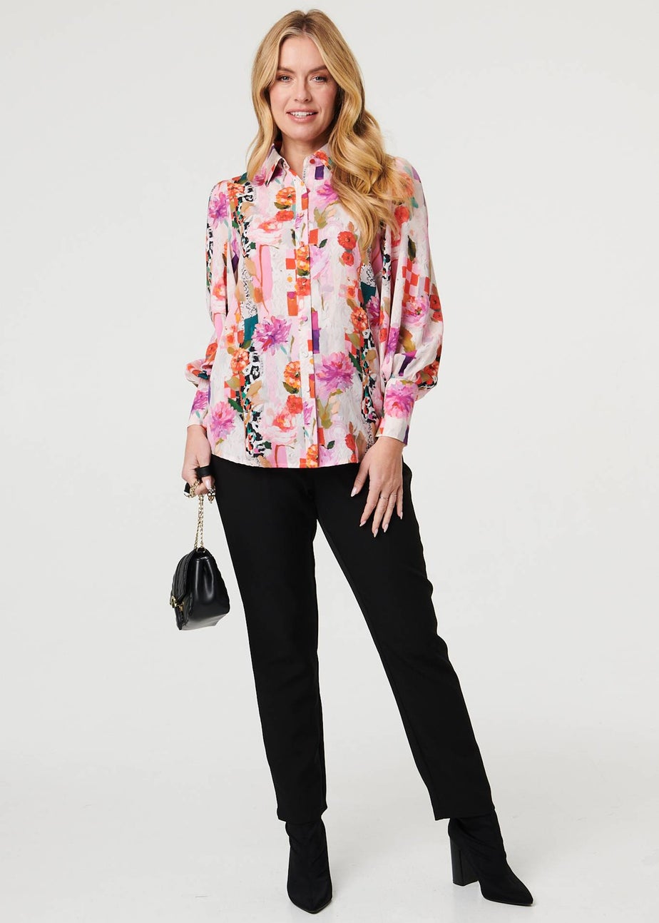 Izabel London Pink Abstract Floral Long Puff Sleeve Shirt