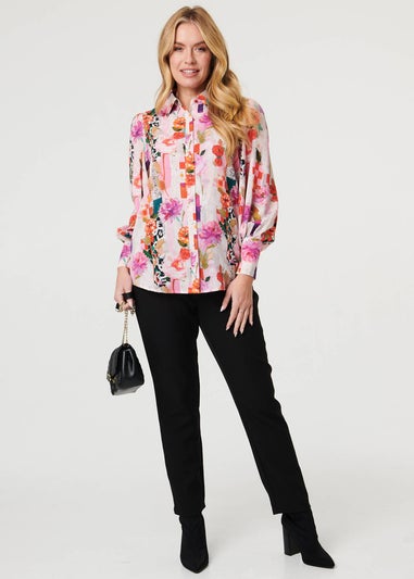 Izabel London Pink Abstract Floral Long Puff Sleeve Shirt