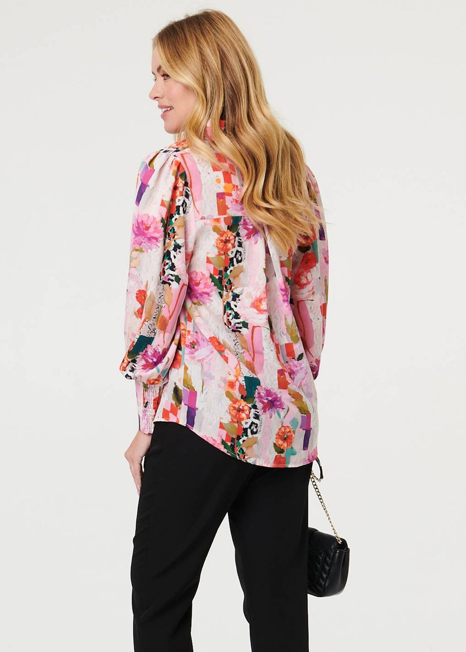 Izabel London Pink Abstract Floral Long Puff Sleeve Shirt