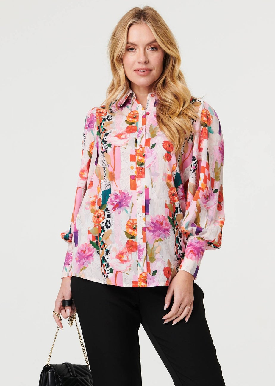Izabel London Pink Abstract Floral Long Puff Sleeve Shirt