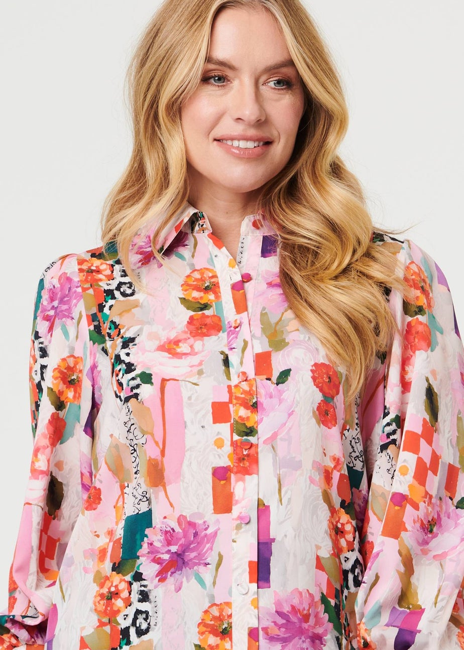 Izabel London Pink Abstract Floral Long Puff Sleeve Shirt
