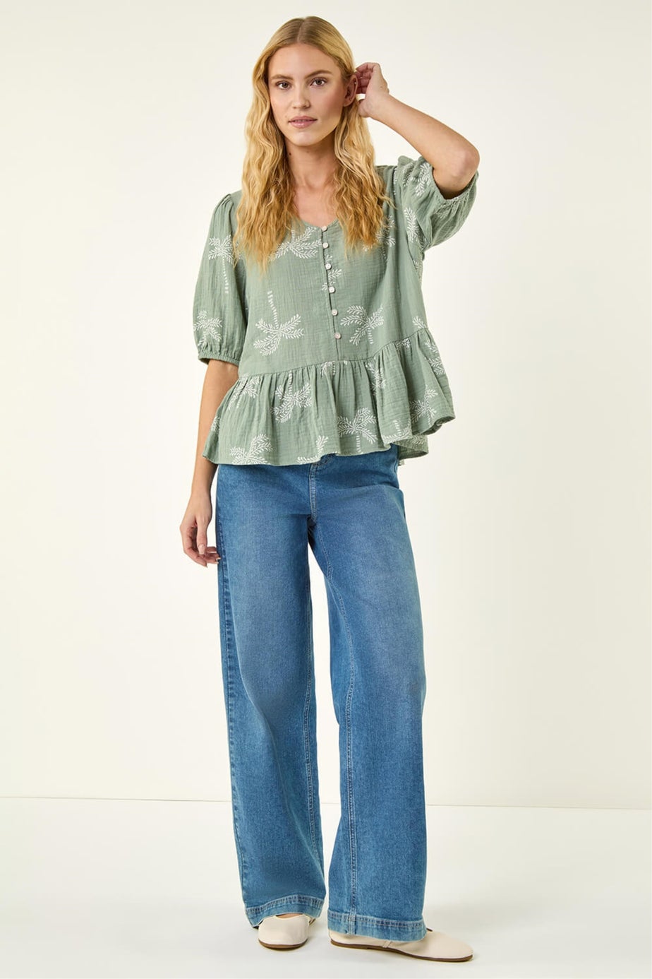 Roman Sage Palm Tree Print Peplum Top