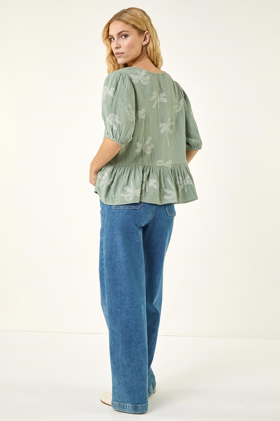 Roman Sage Palm Tree Print Peplum Top