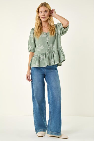 Roman Sage Palm Tree Print Peplum Top