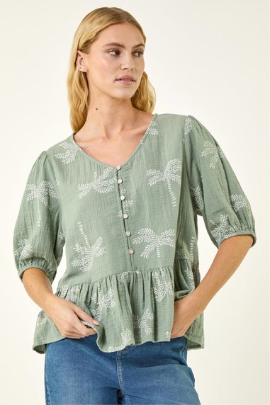 Roman Sage Palm Tree Print Peplum Top