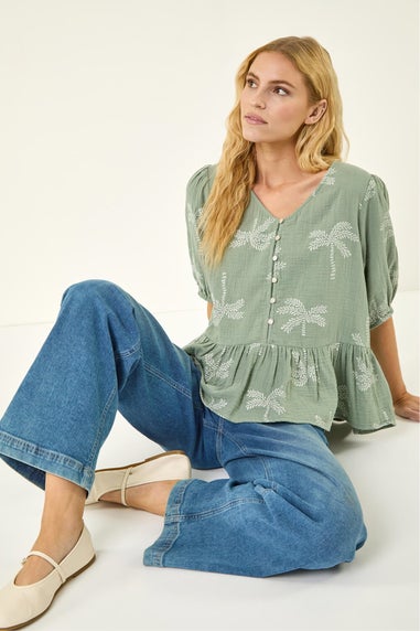 Roman Sage Palm Tree Print Peplum Top