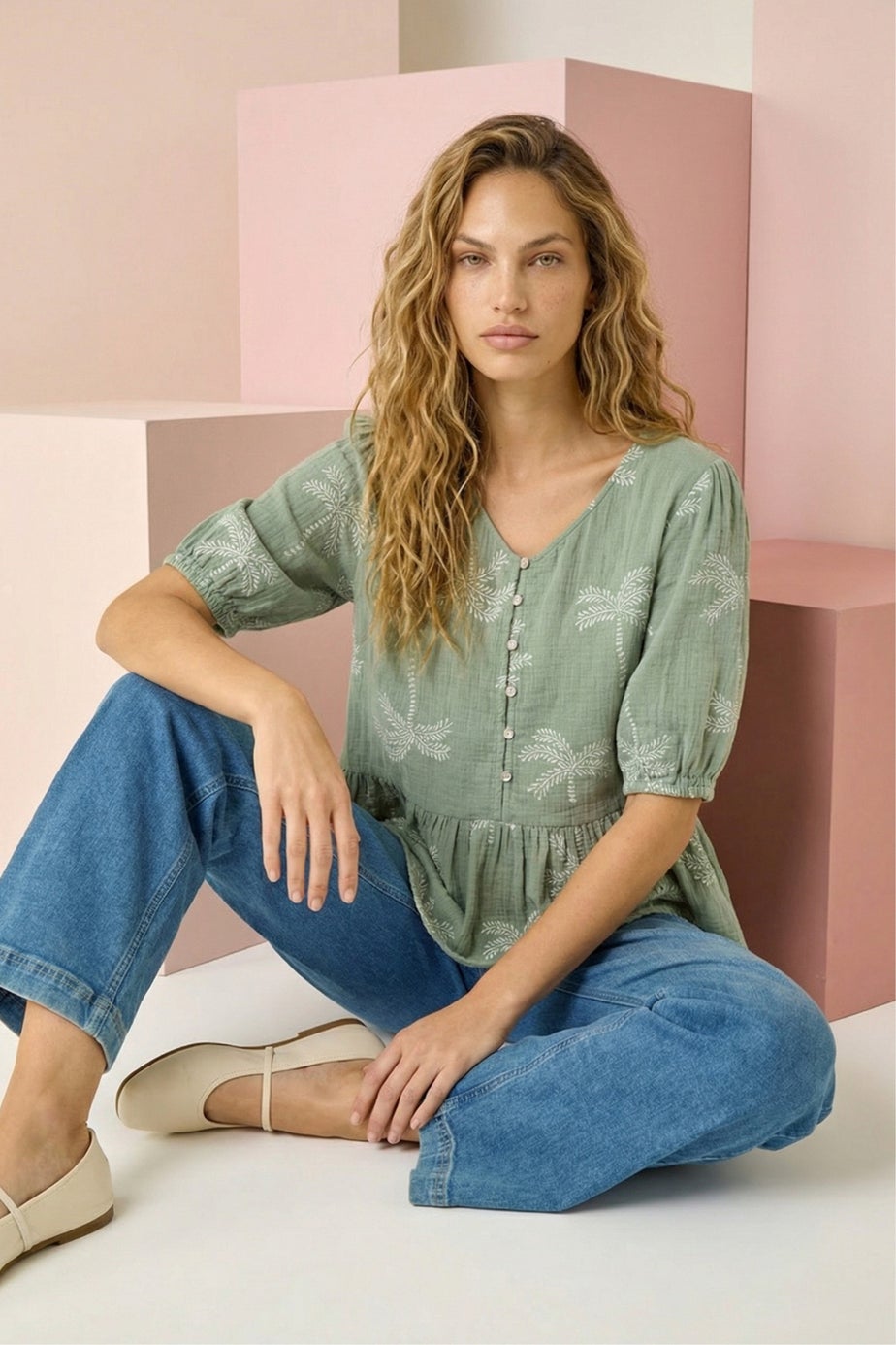 Roman Sage Palm Tree Print Peplum Top