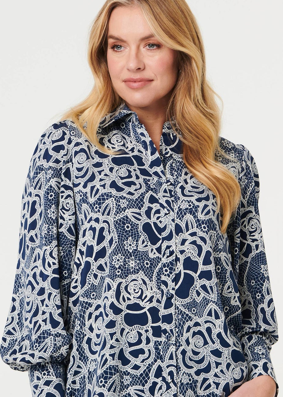Izabel London Navy Floral Abstract Long Sleeve Shirt