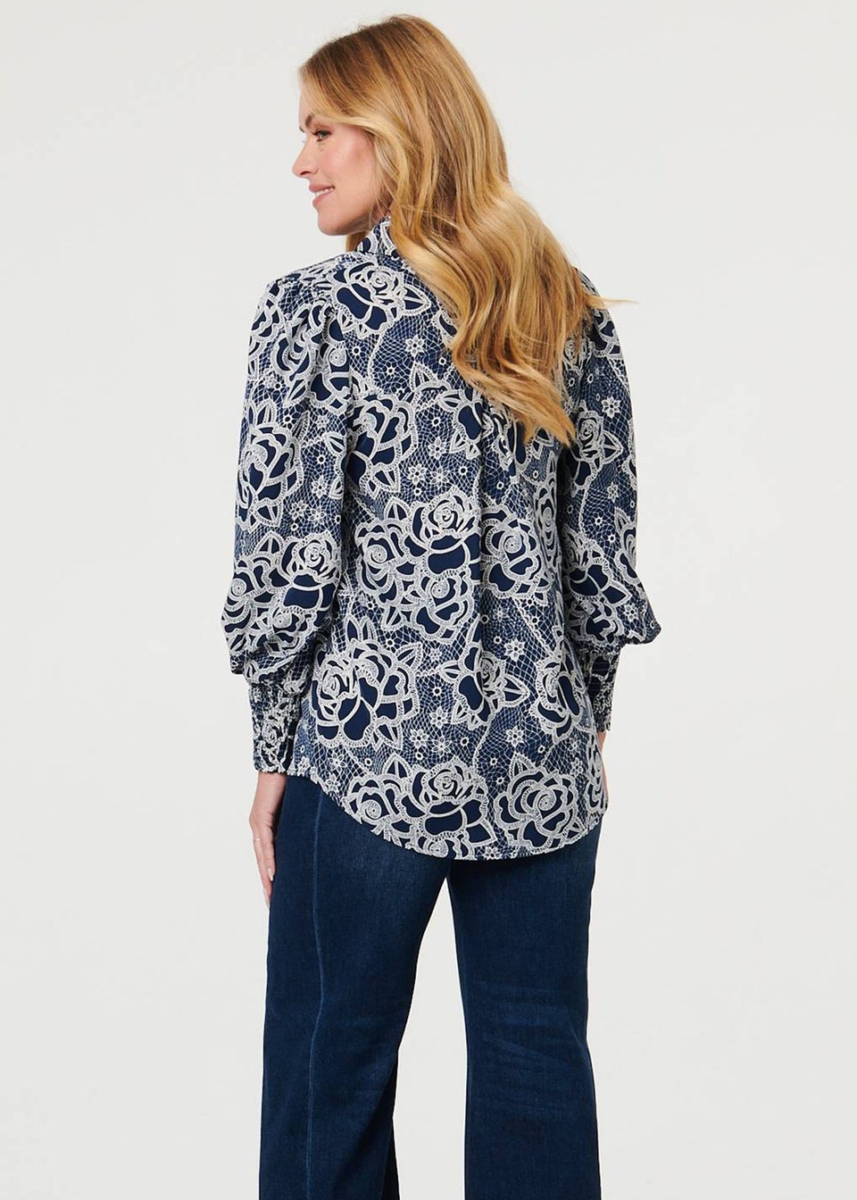 Izabel London Navy Floral Abstract Long Sleeve Shirt
