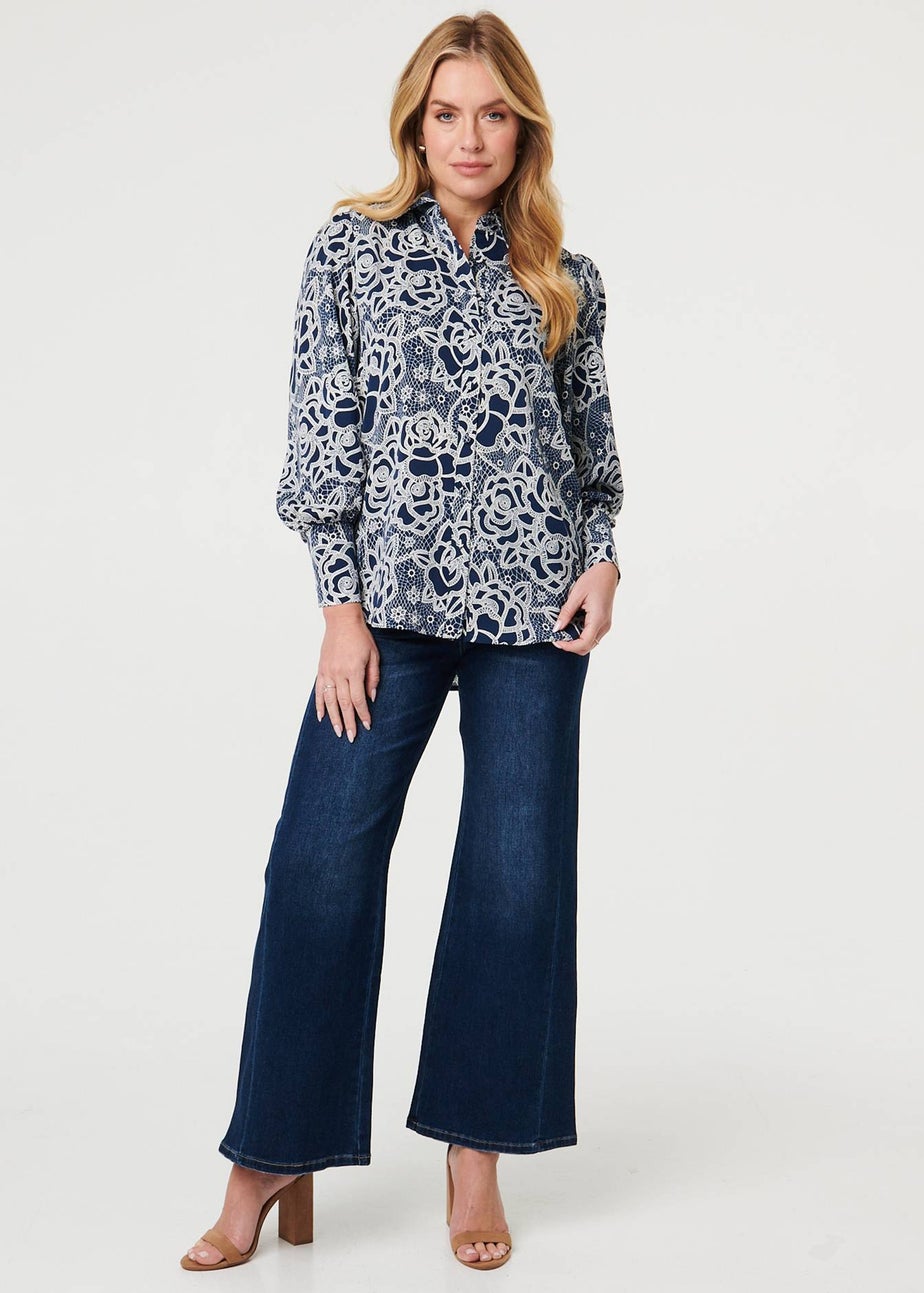 Izabel London Navy Floral Abstract Long Sleeve Shirt