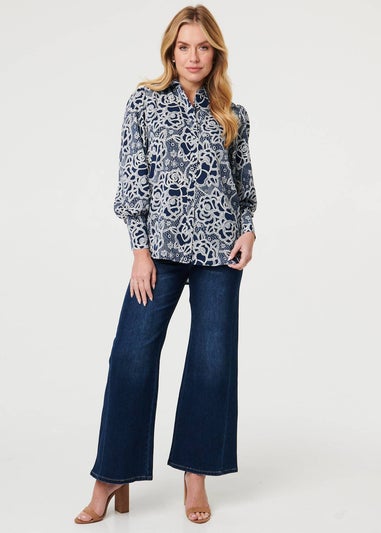 Izabel London Navy Floral Abstract Long Sleeve Shirt