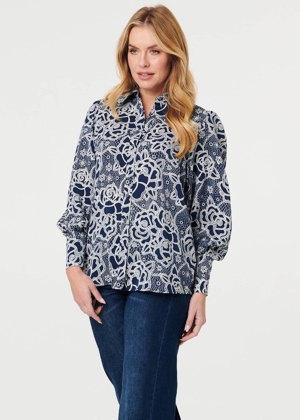 Izabel London Navy Floral Abstract Long Sleeve Shirt