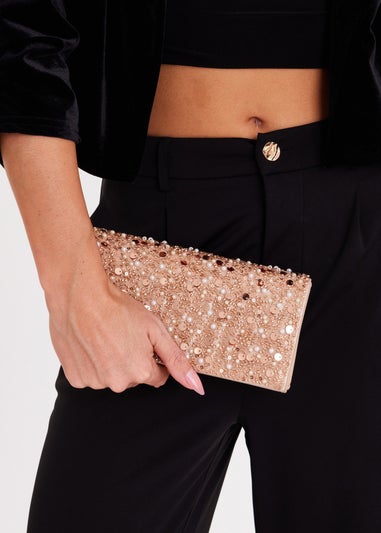 Quiz Natural Sequin Embellished Clutch Bag