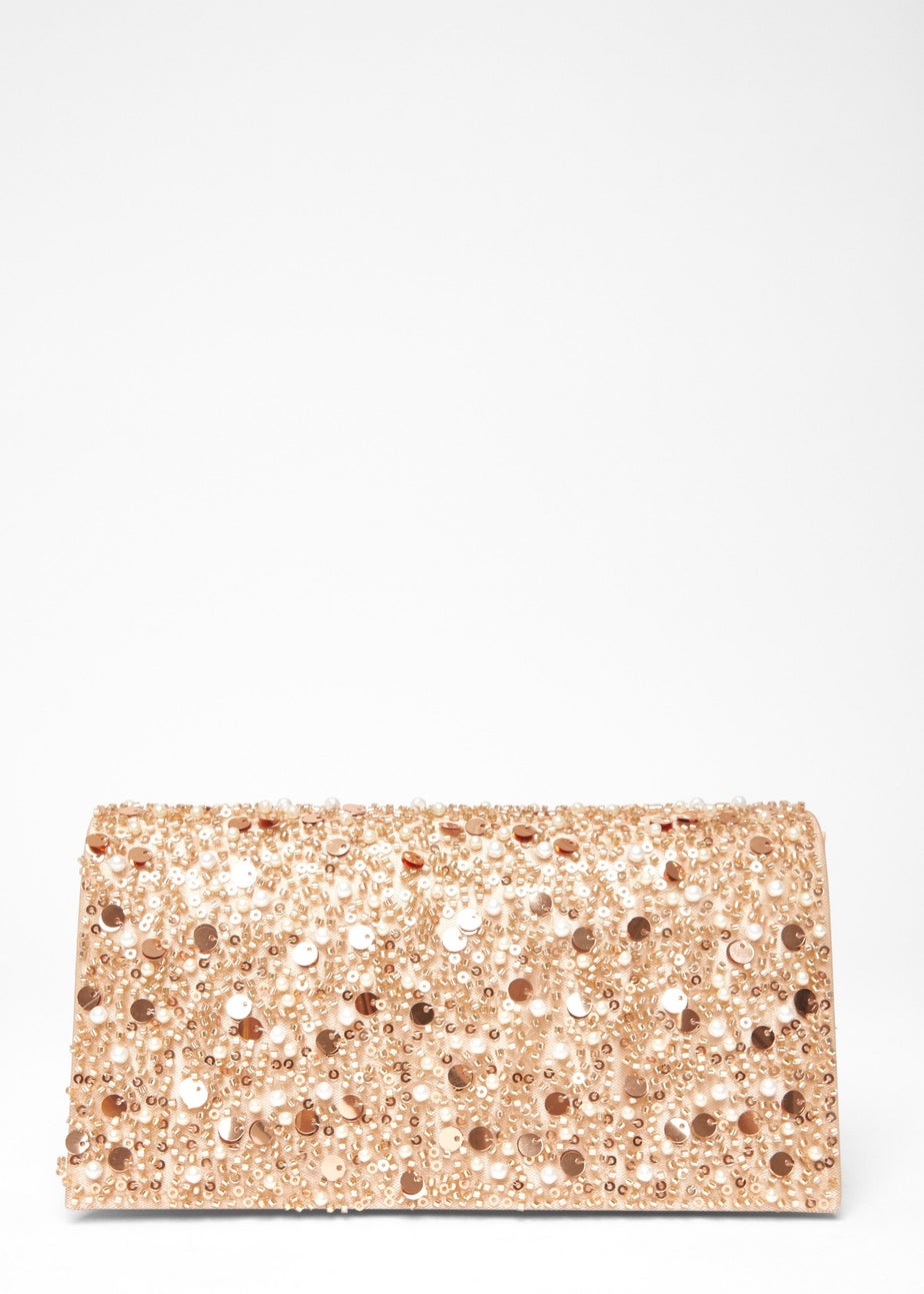 Quiz Natural Sequin Embellished Clutch Bag