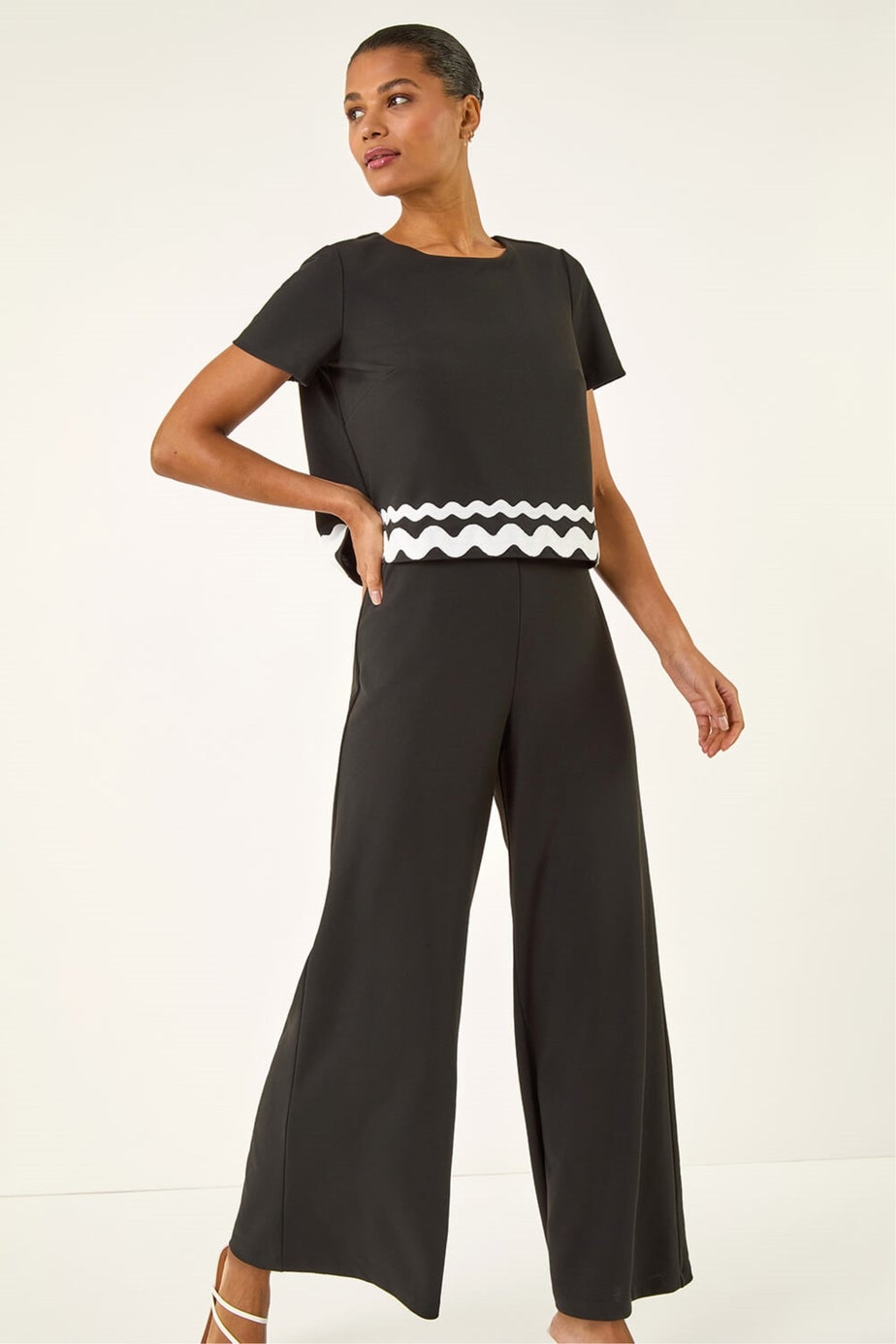 Roman Black Ric Rac Trim Stretch Jumpsuit