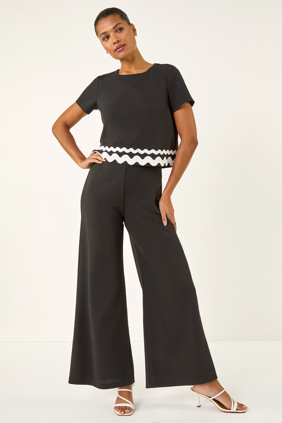 Roman Black Ric Rac Trim Stretch Jumpsuit