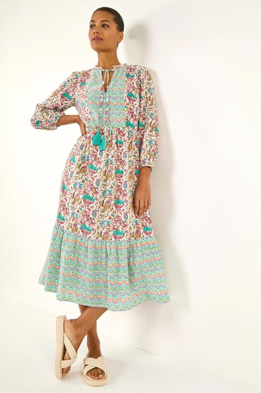 Roman Teal Tie Front Frill Midi Dress