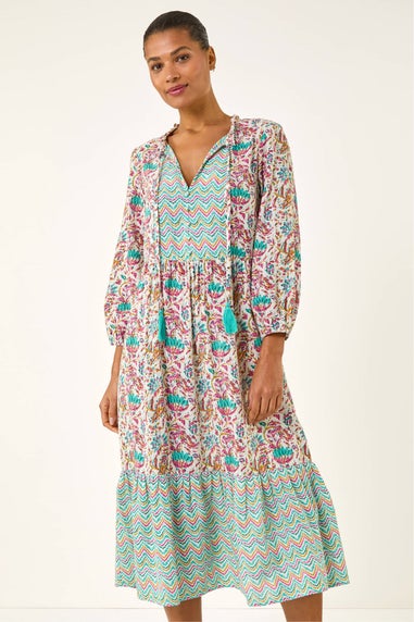 Roman Teal Tie Front Frill Midi Dress