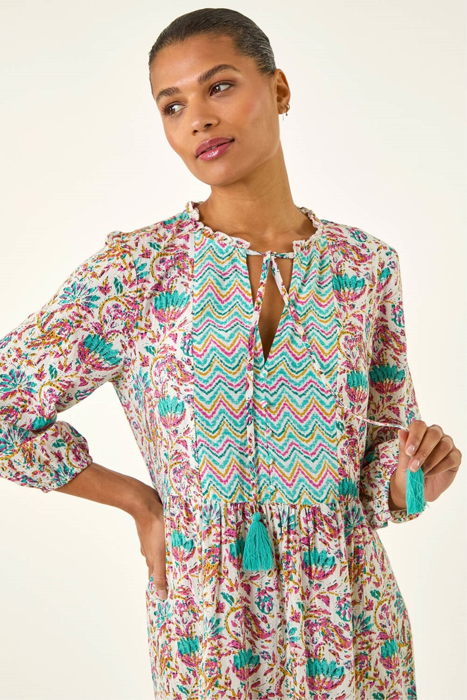 Roman Teal Tie Front Frill Midi Dress