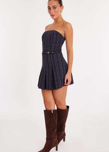 Quiz Blue Check Woven Strapless Mini Dress